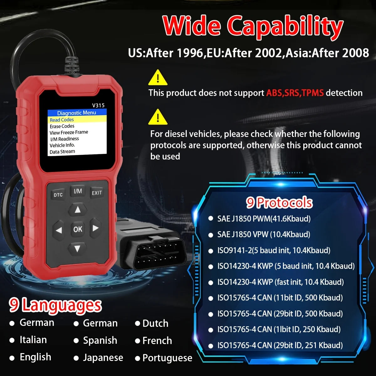 USB Powered 2025 Car OBD2 Scanner - Advanced Engine Diagnostic Tool, with code reader, multi-language support, suitable for 1996